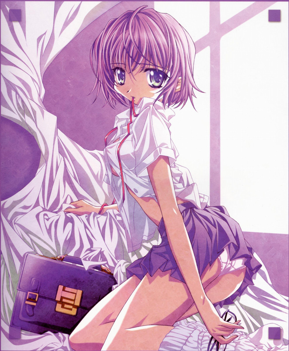 sugiyama genshou, original, highres, scan, 1girl, ass, bag, bed sheet, blue eyes, breasts, female focus, glasses, kneeling, lace, lace-trimmed panties, lace trim, looking back, loose socks, medium breasts, midriff, mouth hold, no bra, open clothes, open shirt, panties, pantyshot, pleated skirt, purple hair, ribbon, school bag, school uniform, serafuku, sheet grab, shirt, short hair, skirt, socks, solo, underboob, underwear, undressing, white panties