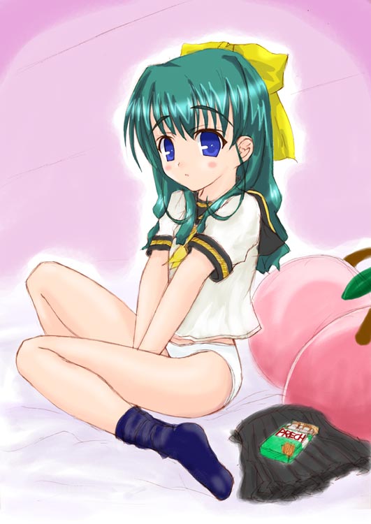 onodera karen, onegai twins, 00s, blue eyes, blush, feet, green hair, panties, school uniform, serafuku, socks, solo, underwear, undressing