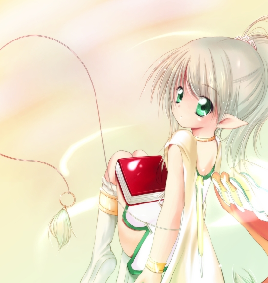eiry, mabinogi, silver hair, 1girl, book, boots, bracelet, choker, female focus, green eyes, jewelry, looking back, pointy ears, ponytail, sitting, solo, wings