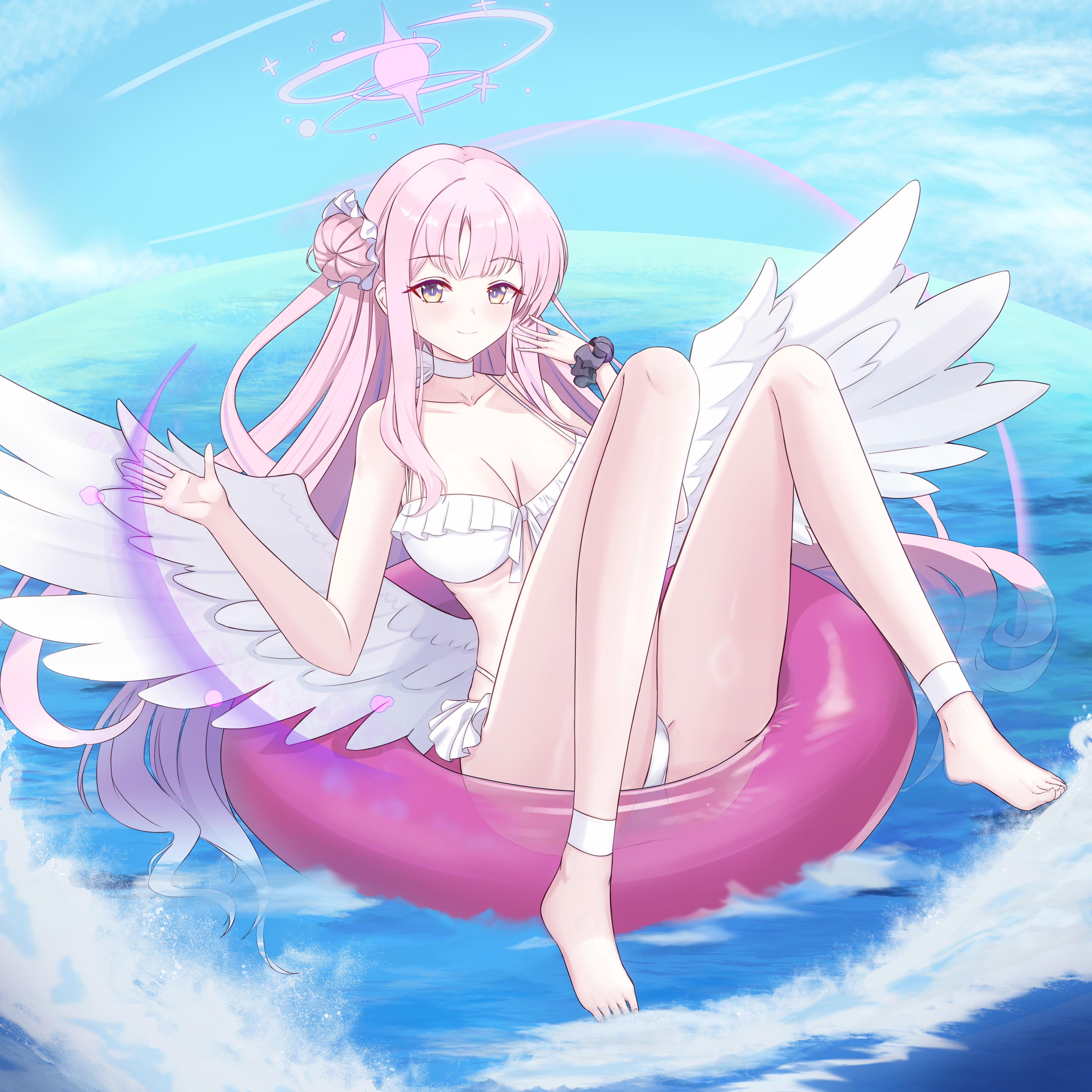 nanbugin, mika (blue archive), mika (swimsuit) (blue archive), blue archive, absurdres, highres, 1girl, angel wings, bikini, blush, breasts, choker, cleavage, closed mouth, collarbone, feathered wings, hair bun, halo, innertube, large breasts, long hair, looking at viewer, low wings, official alternate costume, pink hair, pink halo, scrunchie, single hair bun, single side bun, smile, solo, swim ring, swimsuit, very long hair, white bikini, white choker, white wings, wings, wrist scrunchie