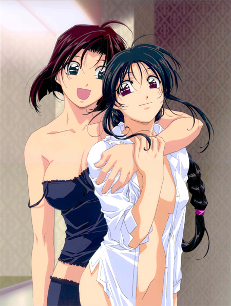 nakajima atsuko, kobayakawa miyuki, tsujimoto natsumi, taiho shichauzo, official art, 1990s (style), 2girls, bare shoulders, black hair, bottomless, braid, brown hair, green eyes, lingerie, long hair, multiple girls, naked shirt, open clothes, open shirt, purple eyes, retro artstyle, shirt, short hair, strap slip, underwear, yuri