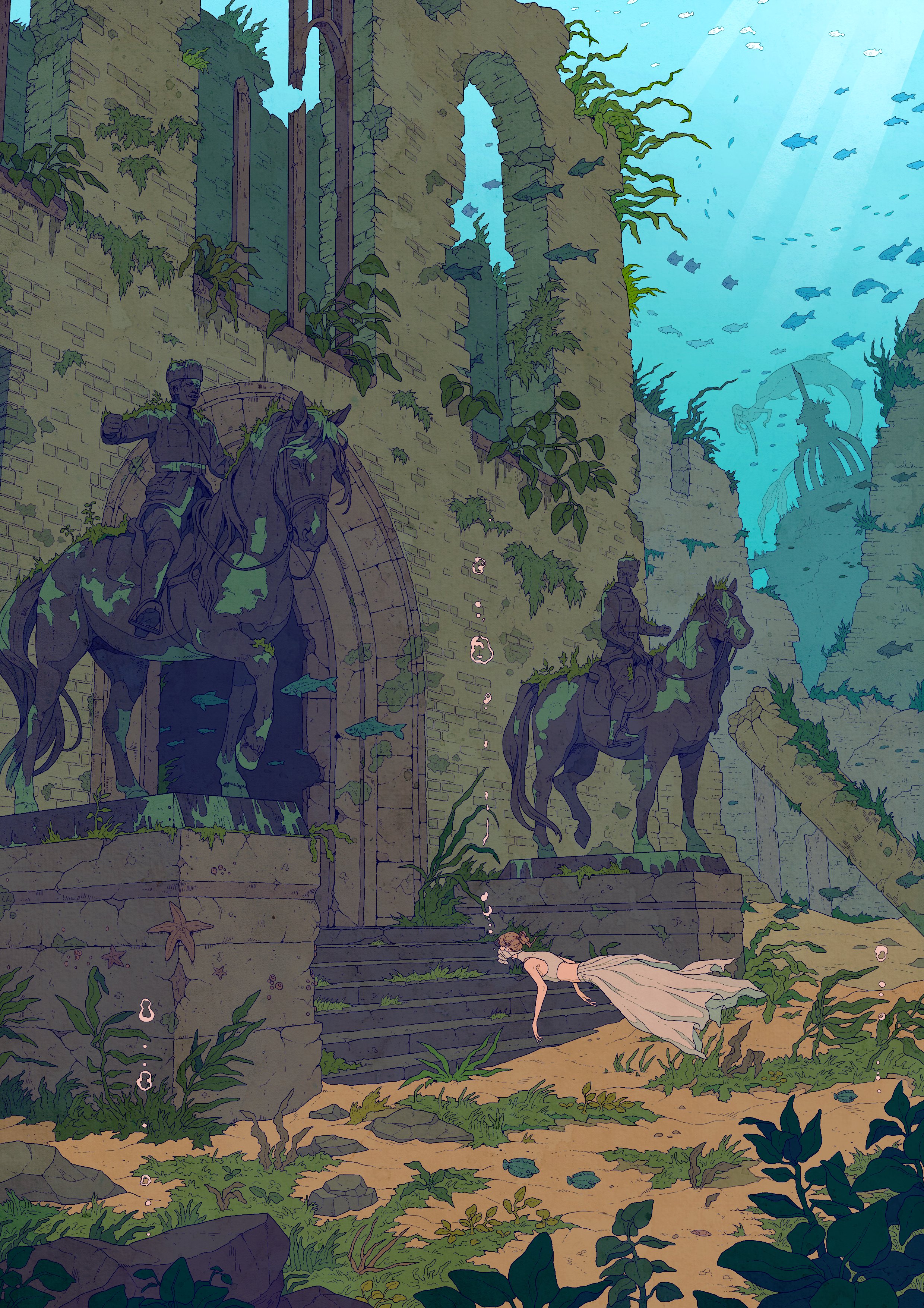 ionomycin, kelp, original, absurdres, commentary, english commentary, highres, 1girl, air bubble, brick wall, brown hair, bubble, crop top, diving, fish, long skirt, mermaid, monster girl, moss, ruins, scenery, skirt, sleeveless, solo focus, stairs, starfish, statue, stone stairs, submerged, turtleneck, underwater, underwater city, white skirt