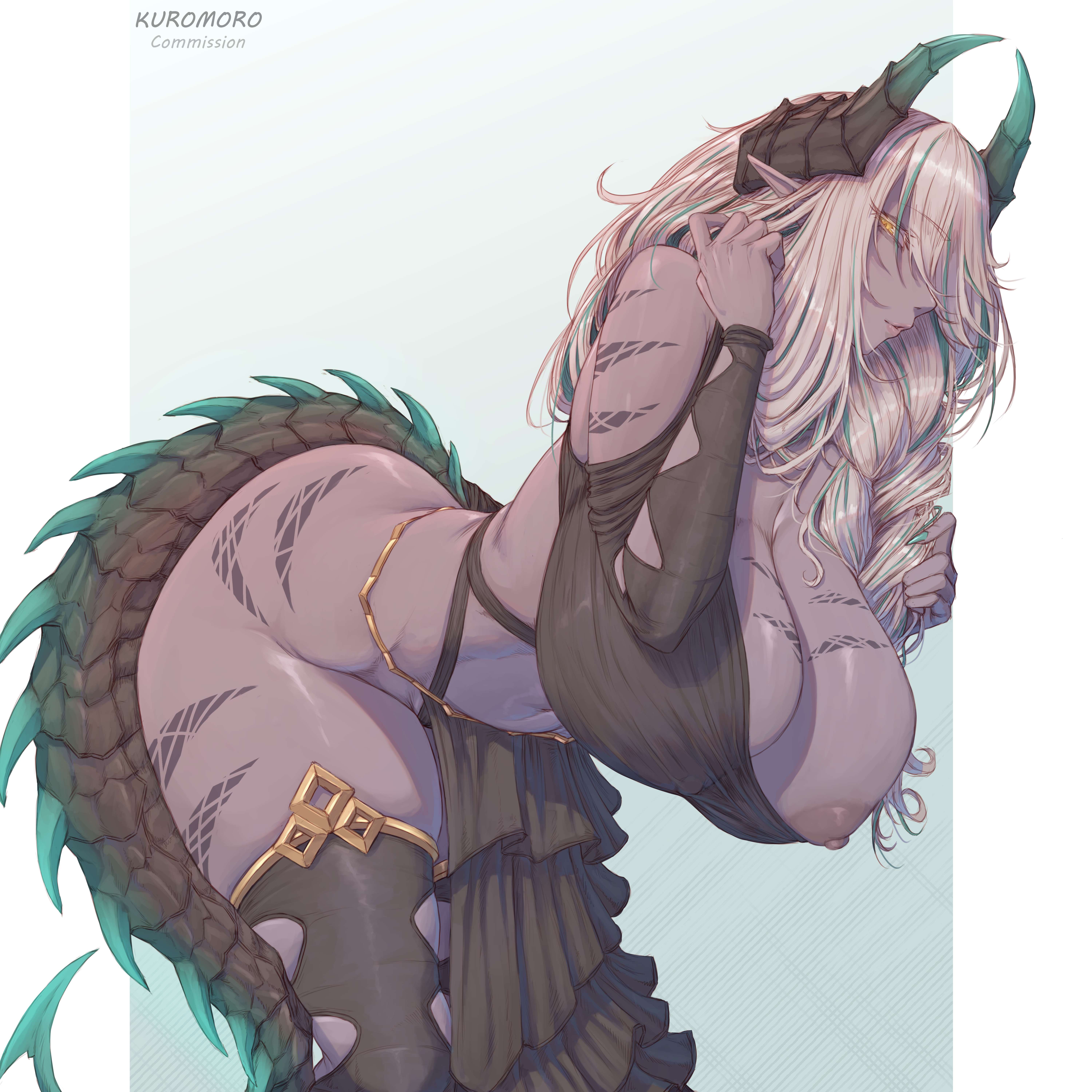 kuromoro, original, absurdres, highres, 1girl, bare shoulders, bent over, black dress, black thighhighs, blonde hair, body markings, braid, breasts, cleavage, clothing cutout, colored skin, dark-skinned female, dark skin, dragon girl, dragon horns, dragon tail, dress, eyes visible through hair, green hair, grey skin, hair over one eye, hanging breasts, horns, huge breasts, large breasts, leaning forward, leg tattoo, long hair, looking at viewer, multicolored hair, navel, nipple slip, nipples, one breast out, pelvic curtain, pointy ears, scales, solo, streaked hair, tail, tattoo, thick thighs, thighhighs, thighs, yellow eyes