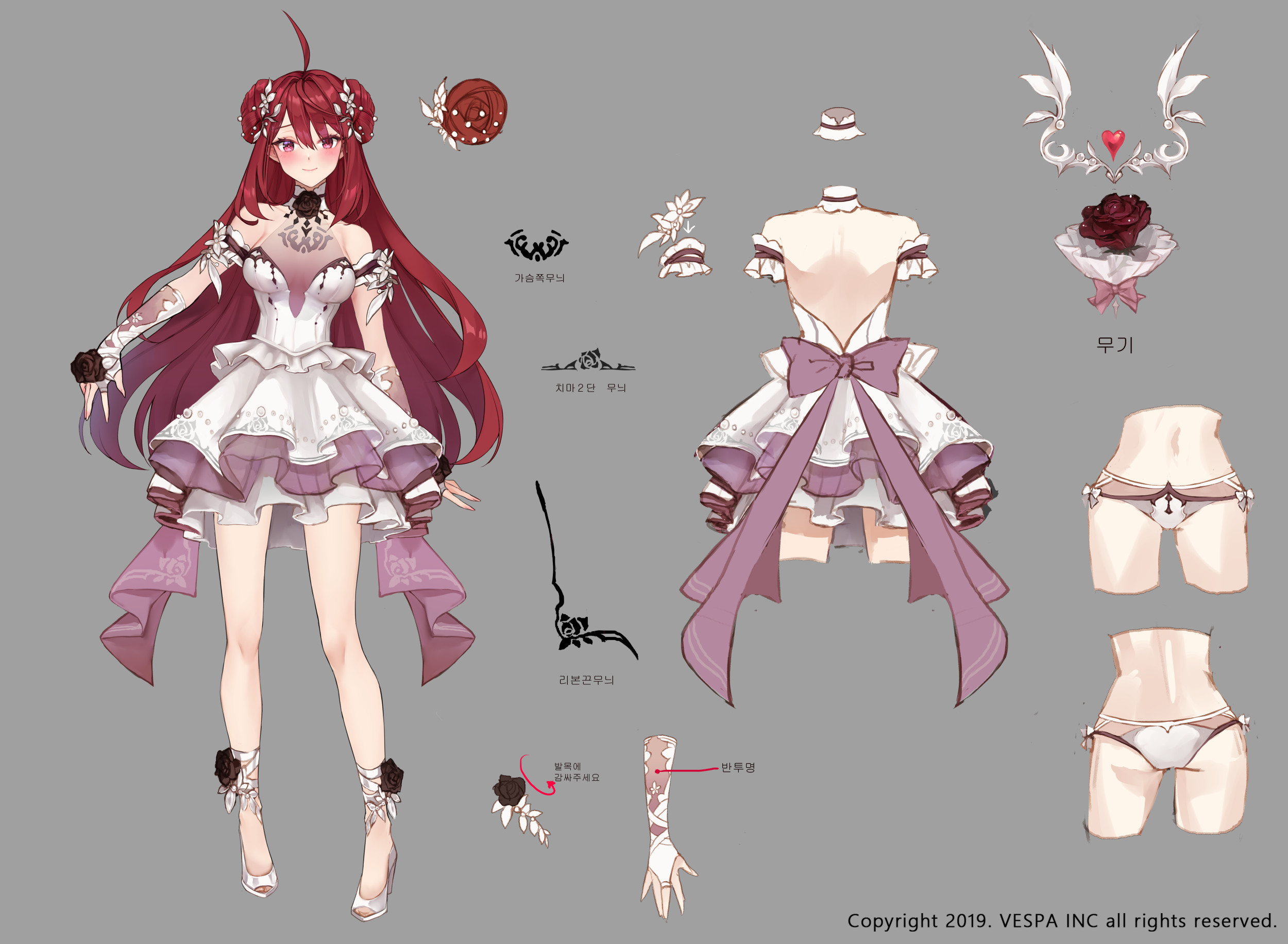 ezu (leejiyu), erze (king's raid), king's raid, commentary, concept art, english commentary, highres, official art, 1girl, ahoge, ankle flower, ankle lace-up, ankle ribbon, back ribbon, backless dress, backless outfit, bare legs, black flower, bridal gauntlets, bride, donut hair bun, double bun, dress, dress ribbon, floral print, flower, frilled sleeves, frills, full body, hair bun, heart, high heels, layered dress, leg ribbon, long hair, multiple views, official alternate costume, panties, petticoat, red eyes, red flower, red hair, reference sheet, ribbon, shoes, short dress, smile, underwear, wedding dress, white bridal gauntlets, white dress, white flower, white panties, white shoes, wrist flower