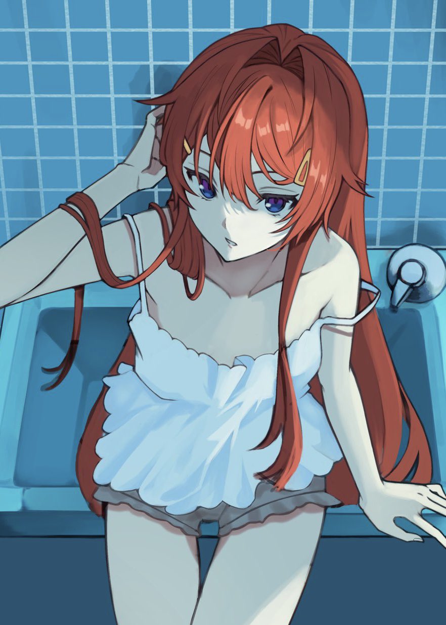 haruwo, ange katrina, ange katrina (6th costume), nijisanji, commentary request, highres, 1girl, arm support, arm up, bare arms, bare shoulders, blue eyes, breasts, camisole, collarbone, cowboy shot, from above, gradient eyes, grey shorts, hair between eyes, hair intakes, hair ornament, hairclip, hand in own hair, long hair, long sidelocks, looking at viewer, looking up, multicolored eyes, parted lips, purple eyes, red hair, shorts, sidelocks, sink, sitting, small breasts, solo, strap slip, tile wall, tiles, very long hair, virtual youtuber, white camisole