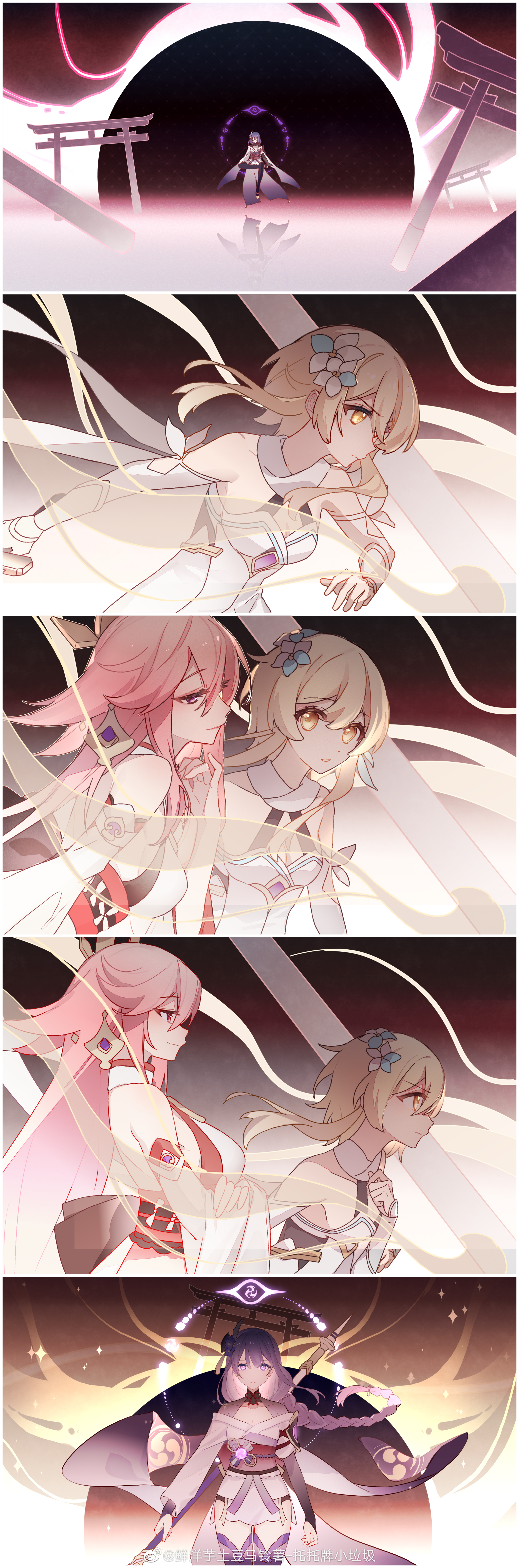 xianyangyutoumalingshu, lumine (genshin impact), raiden shogun, yae miko, genshin impact, absurdres, chinese commentary, highres, spoilers, 3girls, animal ear piercing, animal ears, architecture, asymmetrical sleeves, back bow, bare shoulders, blonde hair, blunt bangs, bow, braid, breasts, bridal gauntlets, cleavage, closed eyes, closed mouth, collarbone, crossed arms, detached collar, detached sleeves, dress, east asian architecture, eclipse, electricity, fan hair ornament, fighting stance, floating, flower, flower ornament, fog, fox ears, fox girl, from side, glaring, glowing, glowing eyes, gradient hair, hair between eyes, hair flower, hair ornament, hand on own chest, headpiece, japanese clothes, kimono, large breasts, leaning forward, leaning to the side, light particles, light smile, light trail, long braid, long hair, long sleeves, looking at viewer, meditation, medium breasts, mitsudomoe (shape), multicolored hair, multiple girls, neck ribbon, no mouth, off shoulder, orange eyes, parted lips, pink hair, powering up, purple eyes, purple flower, purple hair, purple kimono, purple thighhighs, red ribbon, red sash, reflection, ribbon, sash, scarf, shade, short hair, sideboob, single braid, smoke, smoke trail, standing, thighhighs, thighs, tomoe (symbol), uneven sleeves, upper body, watermark, weibo watermark, white dress, white flower, white scarf, wide sleeves