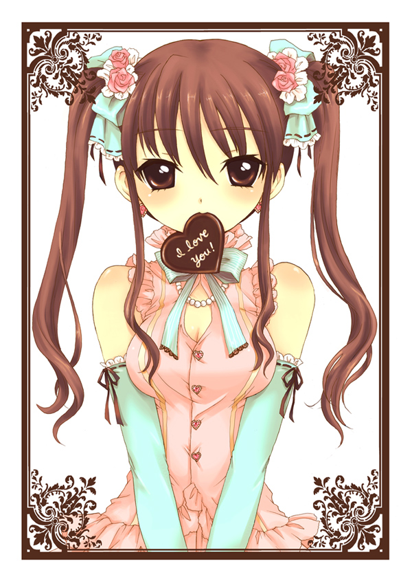 mizunomoto, original, 1girl, breasts, candy, chocolate, chocolate heart, cleavage, female focus, food, heart, medium breasts, solo, twintails, valentine