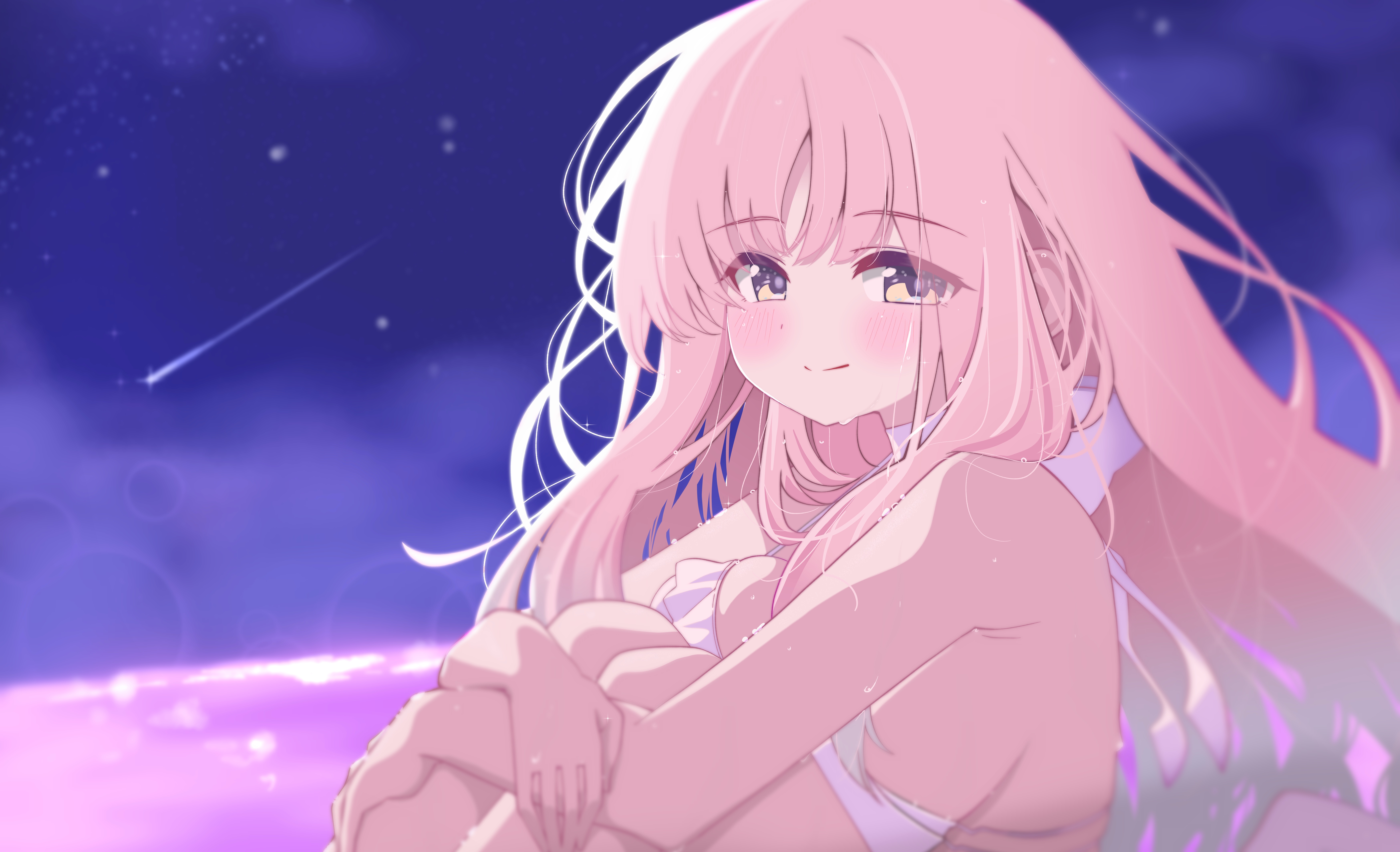 suzuran kei, mika (blue archive), mika (swimsuit) (blue archive), blue archive, absurdres, highres, 1girl, bikini, blush, breasts, closed mouth, frilled bikini, frills, large breasts, long hair, looking at viewer, official alternate costume, official alternate hairstyle, sideboob, smile, solo, swimsuit, very long hair, white bikini, yellow eyes