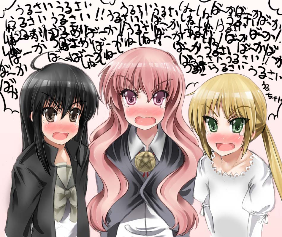 abubu, kugimiya rie, louise francoise le blanc de la valliere, sanzen'in nagi, shana, hayate no gotoku!, shakugan no shana, zero no tsukaima, bad id, translated, >:o, 00s, 3girls, :o, angry, black hair, blonde hair, blush, bow, cloak, collared shirt, crossover, flat chest, gradient background, green eyes, grey eyes, hair between eyes, hair tie, high collar, jacket, lace, lineup, long hair, long sleeves, looking at viewer, multiple crossover, multiple girls, neck ribbon, no nose, nose blush, open clothes, open jacket, open mouth, pentacle, pink background, pink eyes, pink hair, puffy sleeves, ribbon, school uniform, serafuku, shirt, sidelocks, speech bubble, tears, trait connection, tsundere, twintails, upper body, v-shaped eyebrows, very long hair, voice actor connection, wavy hair, wavy mouth