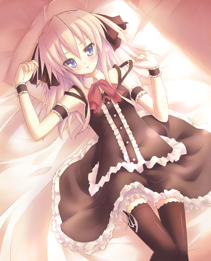 ryo (botugo), shalon, quiz magic academy, 1girl, arm garter, black thighhighs, bloomers, blue eyes, blush, bow, female focus, garter straps, hair ribbon, long hair, lying, on back, pink hair, ribbon, solo, thighhighs, underwear, wrist cuffs