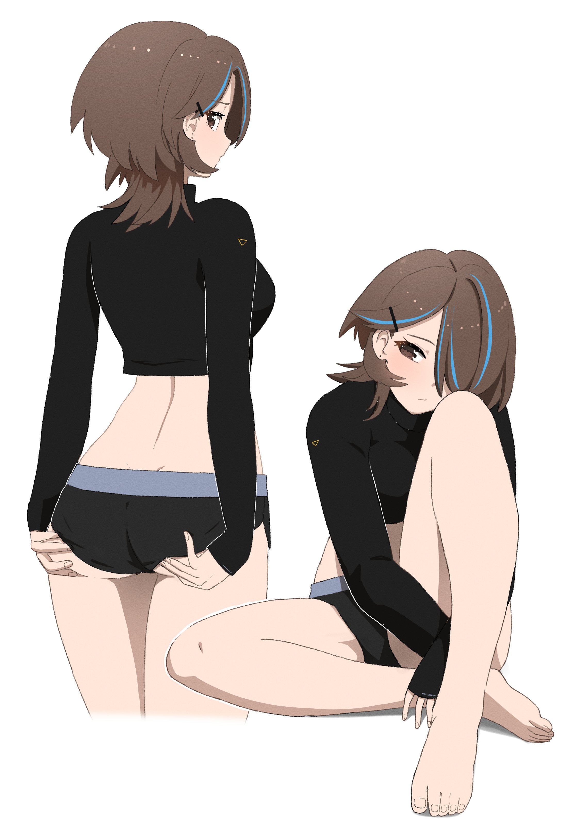 fav faris, alice gunlock, original, absurdres, highres, 1girl, ass, ass focus, back, black panties, breasts, brown hair, crop top, cropped shirt, looking back, panties, simple background, sitting, thighs, underwear, wedgie