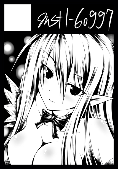 satofuji masato, original, 1girl, black border, border, breasts, circle cut, cleavage, female focus, greyscale, large breasts, monochrome, pointy ears, solo