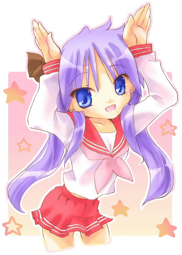 nyanmilla, hiiragi kagami, lucky star, 00s, 1girl, :d, blue eyes, bow, caramelldansen, cowboy shot, female focus, hair bow, long hair, long sleeves, open mouth, pink skirt, purple hair, rabbit pose, school uniform, serafuku, skirt, smile, solo, star (symbol), transparent background, twintails
