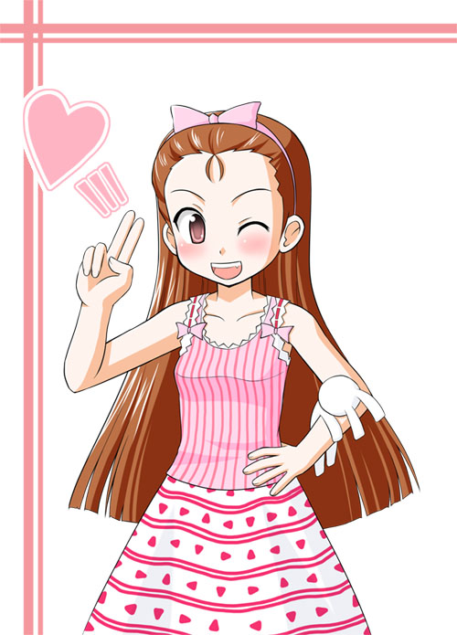 shinjou ryou, minase iori, idolmaster, idolmaster (classic), idolmaster 1, 00s, 1girl, ;d, armpits, bare shoulders, blush, bow, brown eyes, brown hair, collarbone, dress, female focus, hair bow, hairband, hand on own hip, heart, long hair, looking at viewer, one eye closed, open mouth, pink bow, pink dress, sleeveless, sleeveless dress, smile, solo, very long hair, wink