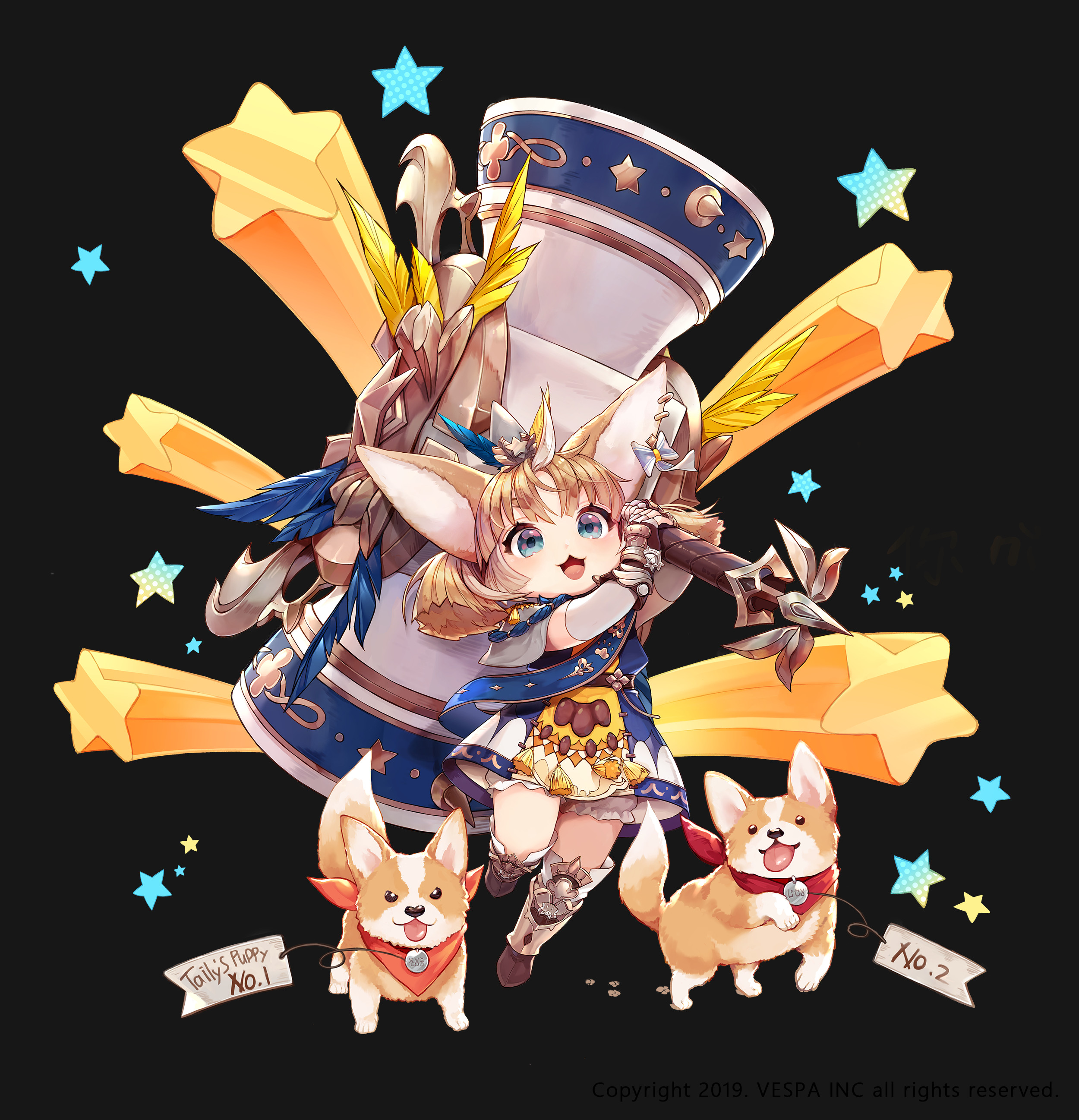 ezu (leejiyu), king's raid, absurdres, commentary, english commentary, highres, official art, 1girl, :3, ahoge, animal ears, armored boots, armored gloves, black background, blonde hair, bloomers, blue bow, blue dress, blue feathers, blue sash, boots, bow, dog, dog ears, dog girl, dress, earrings, english text, feathers, full body, hammer, holding, holding hammer, holding weapon, huge weapon, jewelry, multiple dogs, name tag, sash, short twintails, smile, solo, star (symbol), taily (king's raid), twintails, underwear, weapon, welsh corgi, white bloomers, white streaks, yellow feathers