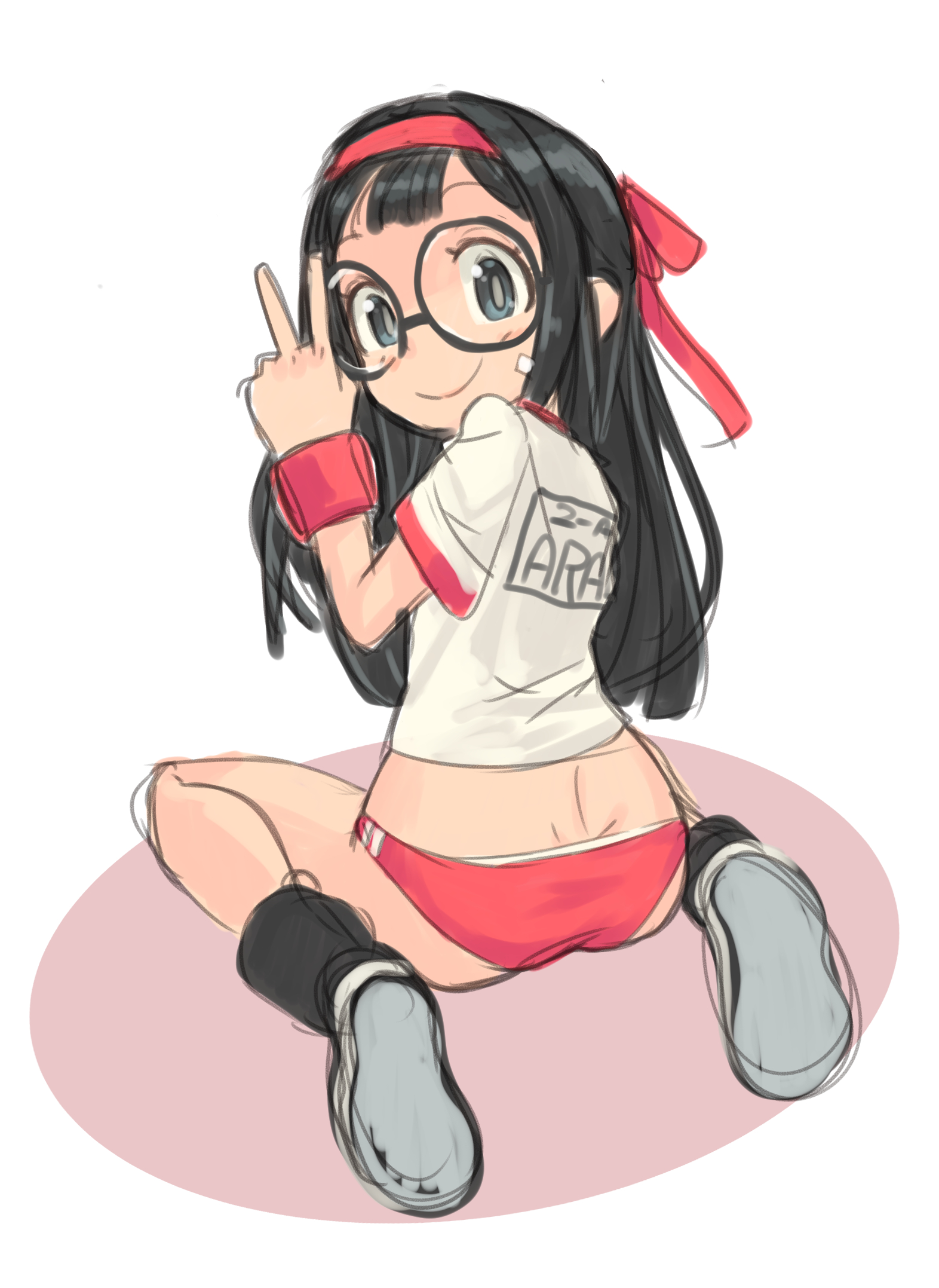 okera, original, highres, 1girl, ass, black hair, buruma, from behind, glasses, gym uniform, hair ribbon, long hair, looking back, ribbon, sitting, smile, socks, solo, v, wariza