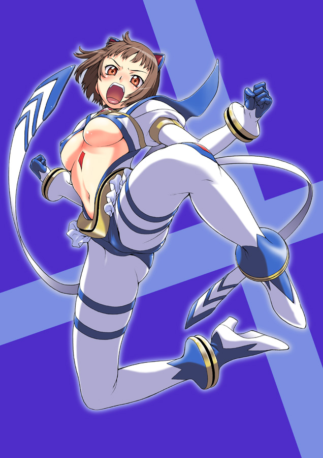 kouda tomohiro, akane soir, my-otome, 00s, 1girl, angry, boots, breasts, brown hair, covered erect nipples, female focus, gloves, high heels, large breasts, orange eyes, shoes, short hair, solo, underboob