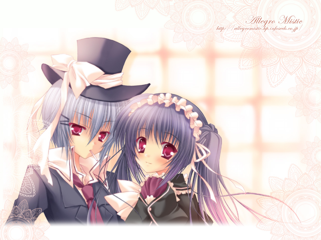 takano yuki (allegro mistic), original, blue hair, cigarette, formal clothes, hat, hat ribbon, maid headdress, necktie, purple eyes, ribbon, short hair, suit, top hat, twintails
