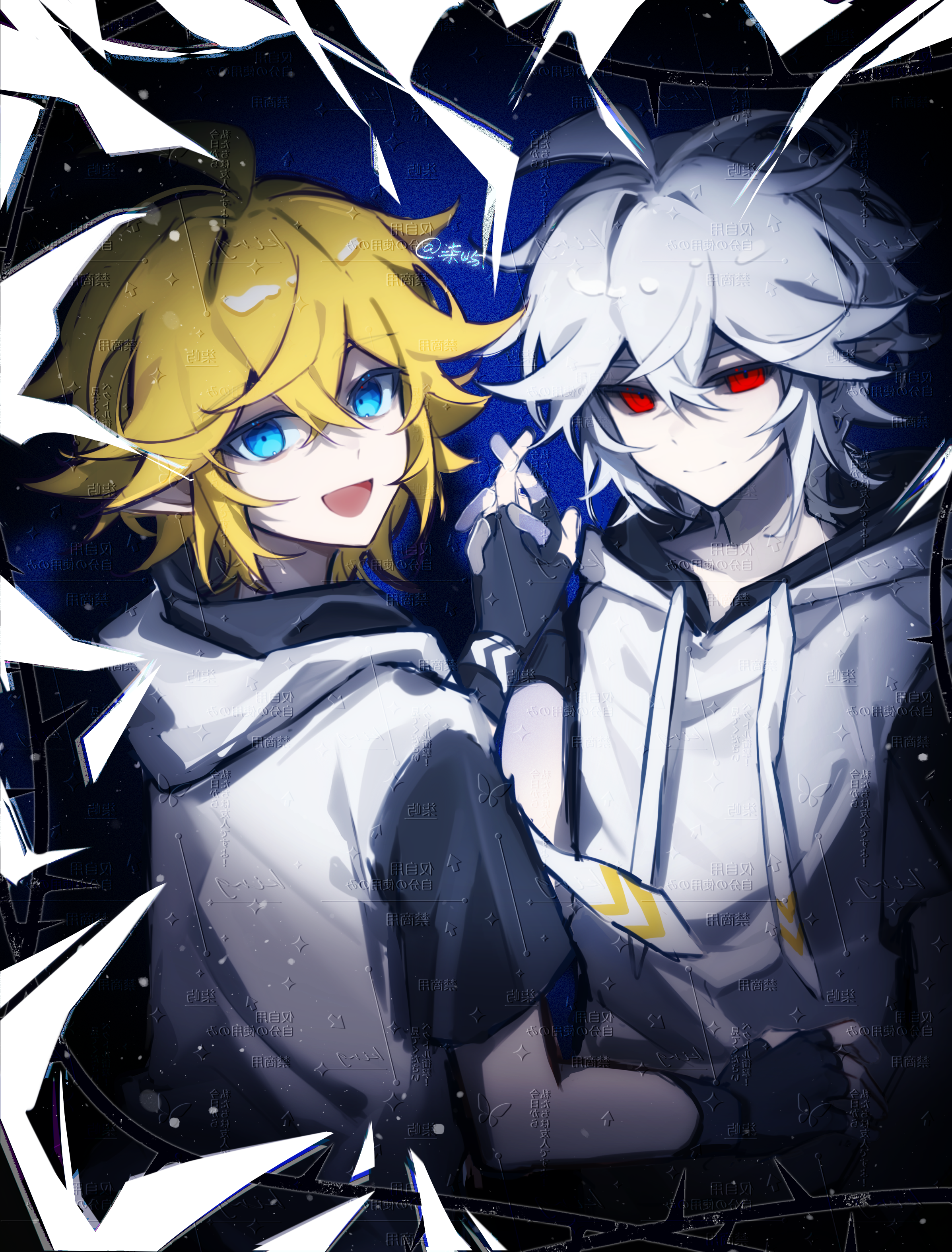 qiyu1125king, king (aotu world), king (dark) (aotu world), aotu world, absurdres, chinese commentary, highres, 2boys, :d, ahoge, black gloves, blonde hair, blue eyes, broken glass, closed mouth, colored sclera, drawstring, dual persona, fingerless gloves, glass, gloves, hair between eyes, holding hands, hood, hood down, hoodie, looking at viewer, looking back, male focus, multicolored hoodie, multiple boys, official alternate color, official alternate eye color, official alternate hair color, open mouth, pointy ears, red eyes, short hair, short sleeves, smile, upper body, watermark, watermark grid, white hair, white hoodie
