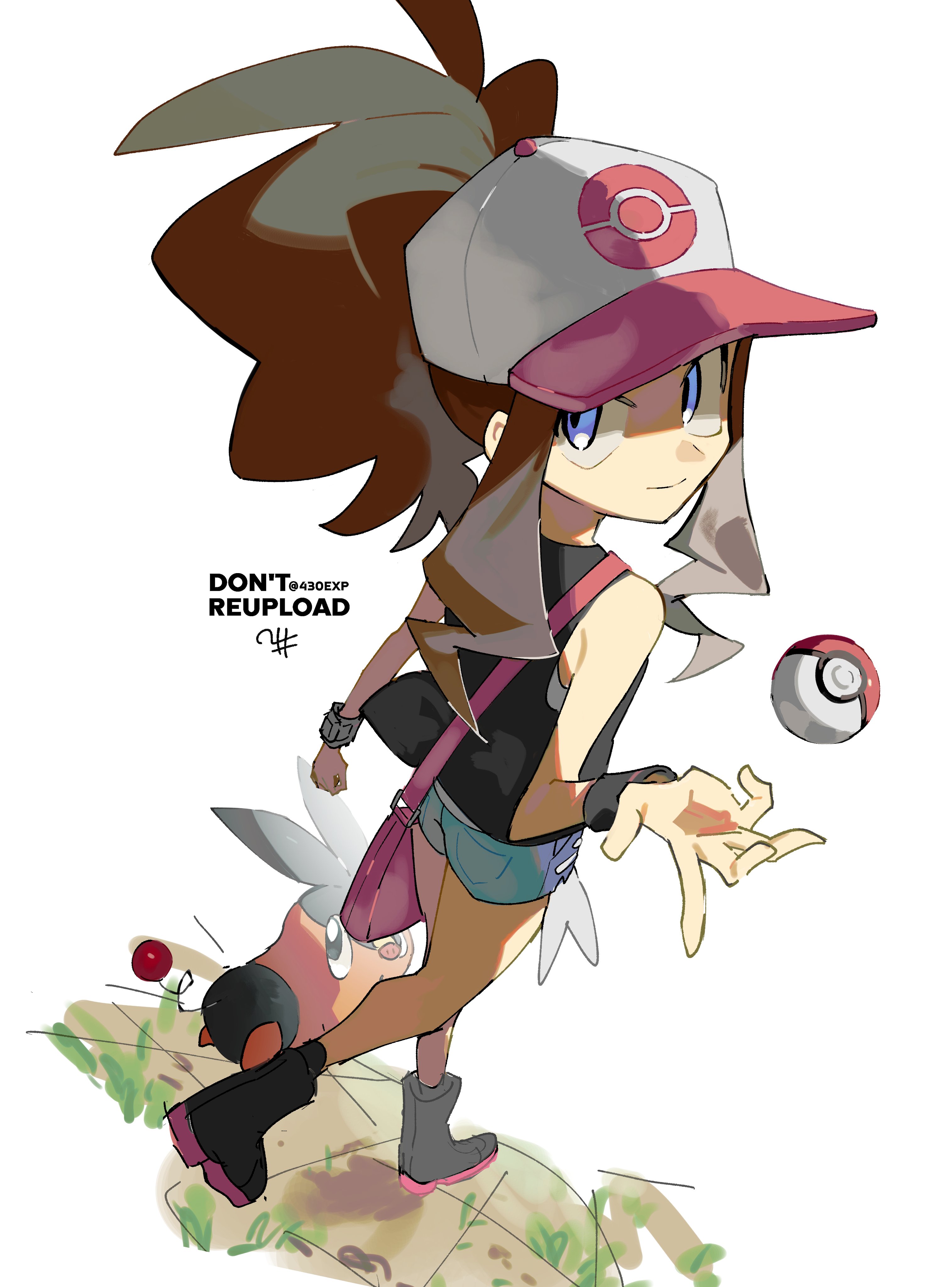 430exp, hilda (pokemon), tepig, nintendo, pokemon, pokemon bw, absurdres, highres, 1girl, bag, bare shoulders, baseball cap, black vest, blue eyes, brown hair, closed mouth, cutoffs, denim, denim shorts, exposed pocket, gen 5 pokemon, hat, high ponytail, long hair, looking at viewer, poke ball, poke ball (basic), pokemon (creature), ponytail, shirt, short shorts, shorts, shoulder bag, sidelocks, smile, vest, white shirt, wristband