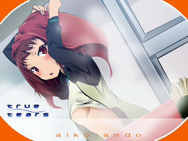 okiura, andou aiko, true tears, 00s, 1girl, :o, arms up, bathroom, blush, breasts, character name, clothes lift, copyright name, dutch angle, female focus, from side, hand on own head, indoors, jacket, logo, looking at viewer, looking back, no bra, open clothes, open jacket, open mouth, red eyes, red hair, shirt, shirt lift, sideboob, small breasts, solo, steam, underboob, upper body