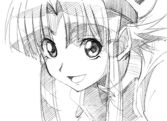 gofu, mizunashi akari, aria (manga), traditional media, 00s, greyscale, monochrome, short hair with long locks, sketch, solo
