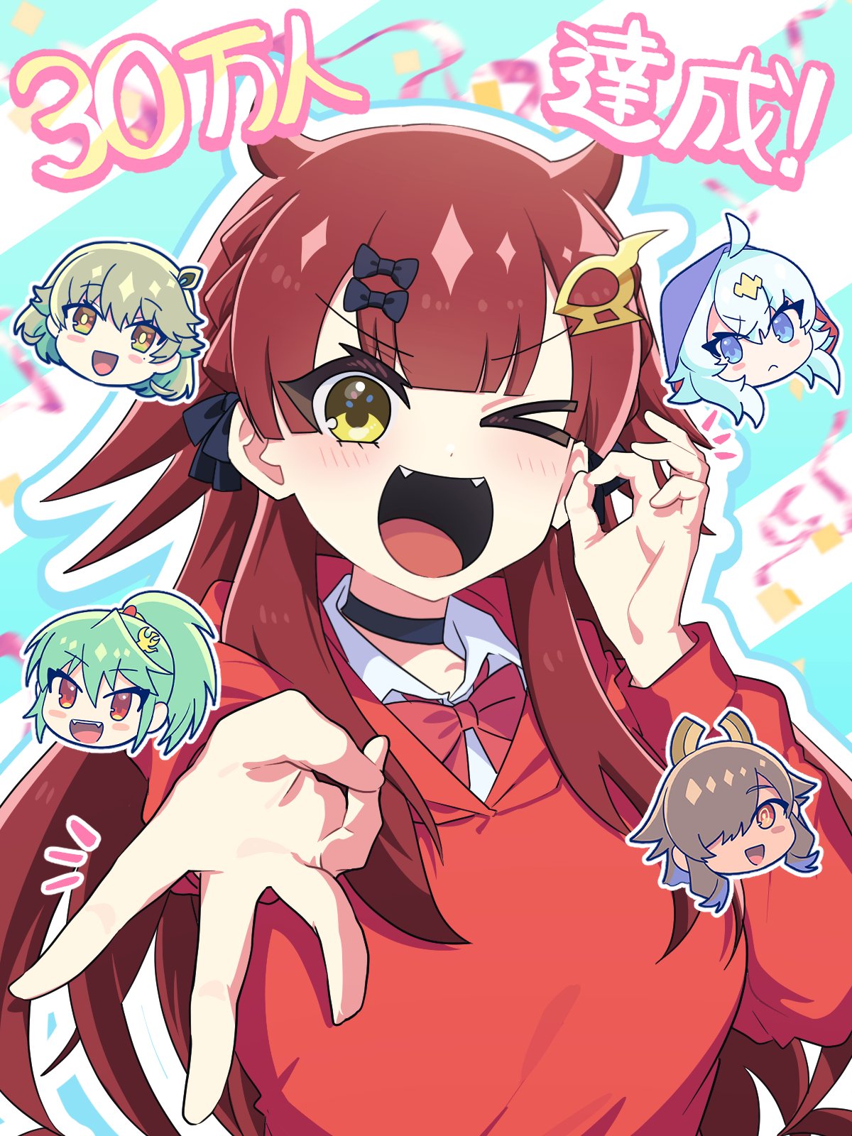 maguma mega, dragon musume ni naritakunai!, duel masters, artist request, highres, official art, translation request, > o, 5girls, ahoge, anime coloring, aqua hair, black bow, black choker, blue eyes, blush stickers, bow, brown hair, chibi, chifuin gyai, choker, closed mouth, confetti, fang, green hair, hair bow, hair ornament, hair over one eye, head only, high ponytail, hood, hoodie, kumada suzu, long hair, medium hair, middle w, multicolored hair, multiple girls, nagareboshi asche, notice lines, ok sign, one eye closed, open mouth, orange eyes, outstretched arm, ponytail, reaching, reaching towards viewer, red bow, red hoodie, sava k zeos, shirt, sidelocks, teeth, upper body, upper teeth only, very long hair, w, white shirt, yellow eyes