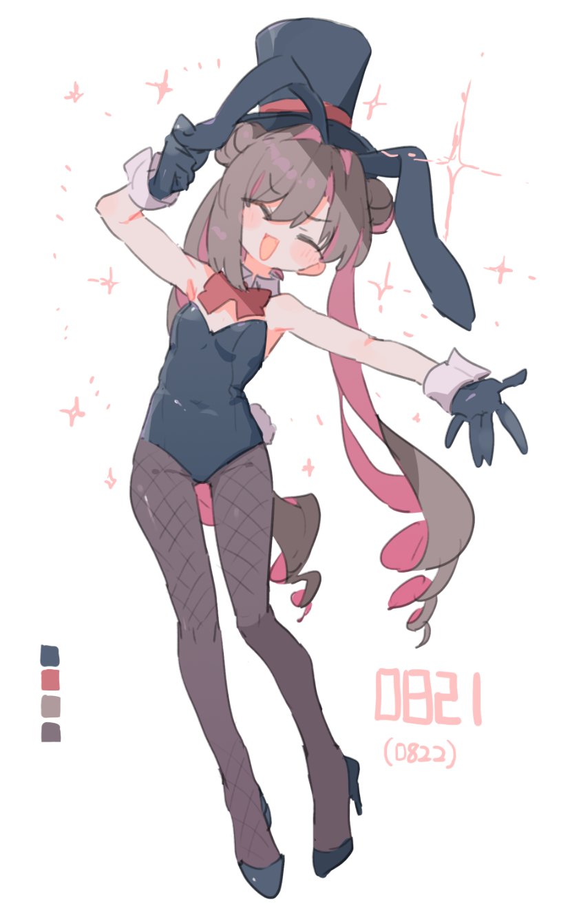 kasa (hitori sanka), character request, copyright request, highres, 1girl, ^ ^, animal ear hairband, animal ears, black gloves, black hat, black leotard, black pantyhose, black shoes, blush, bow, bowtie, brown hair, closed eyes, color guide, colored inner hair, detached collar, double bun, fake animal ears, fake tail, fishnet pantyhose, fishnets, full body, gloves, hair bun, hairband, hat, high heels, leotard, long hair, multicolored hair, pantyhose, playboy bunny, rabbit ear hairband, rabbit ears, rabbit tail, reaching, reaching towards another, red bow, red bowtie, shoes, simple background, smile, solo, sparkle, sparkling aura, strapless, strapless leotard, tail, top hat, twintails, white background, wrist cuffs