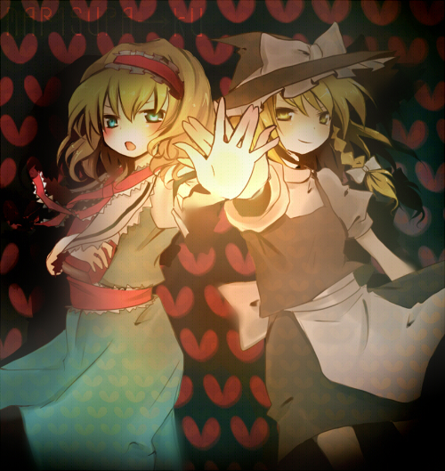 sakusakumonoka, alice margatroid, kirisame marisa, touhou, 2girls, belt, blonde hair, blue dress, book, capelet, dress, female focus, frills, glowing, green eyes, grimoire, grimoire of alice, hat, heart, looking at viewer, magic, multiple girls, necktie, outstretched arm, puffy short sleeves, puffy sleeves, red necktie, short sleeves, symmetry, waitress, witch hat, yellow eyes, yuri