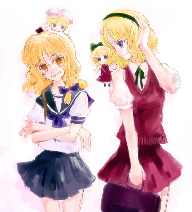 nokishita, alice margatroid, hourai doll, kirisame marisa, shanghai doll, touhou, 2girls, :d, alternate costume, blonde hair, blue eyes, blue skirt, brown eyes, crossed arms, doll, female focus, grin, hairband, looking at viewer, multiple girls, open mouth, red skirt, sailor collar, school uniform, serafuku, simple background, size difference, skirt, smile, sweater, teeth, white background