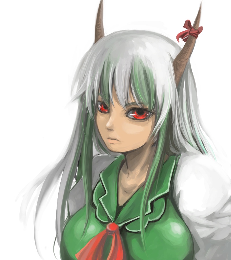 ginji (sakaki summer), ex-keine, kamishirasawa keine, touhou, 1girl, breasts, female focus, horn ornament, horn ribbon, horns, red eyes, ribbon, simple background, solo, white background