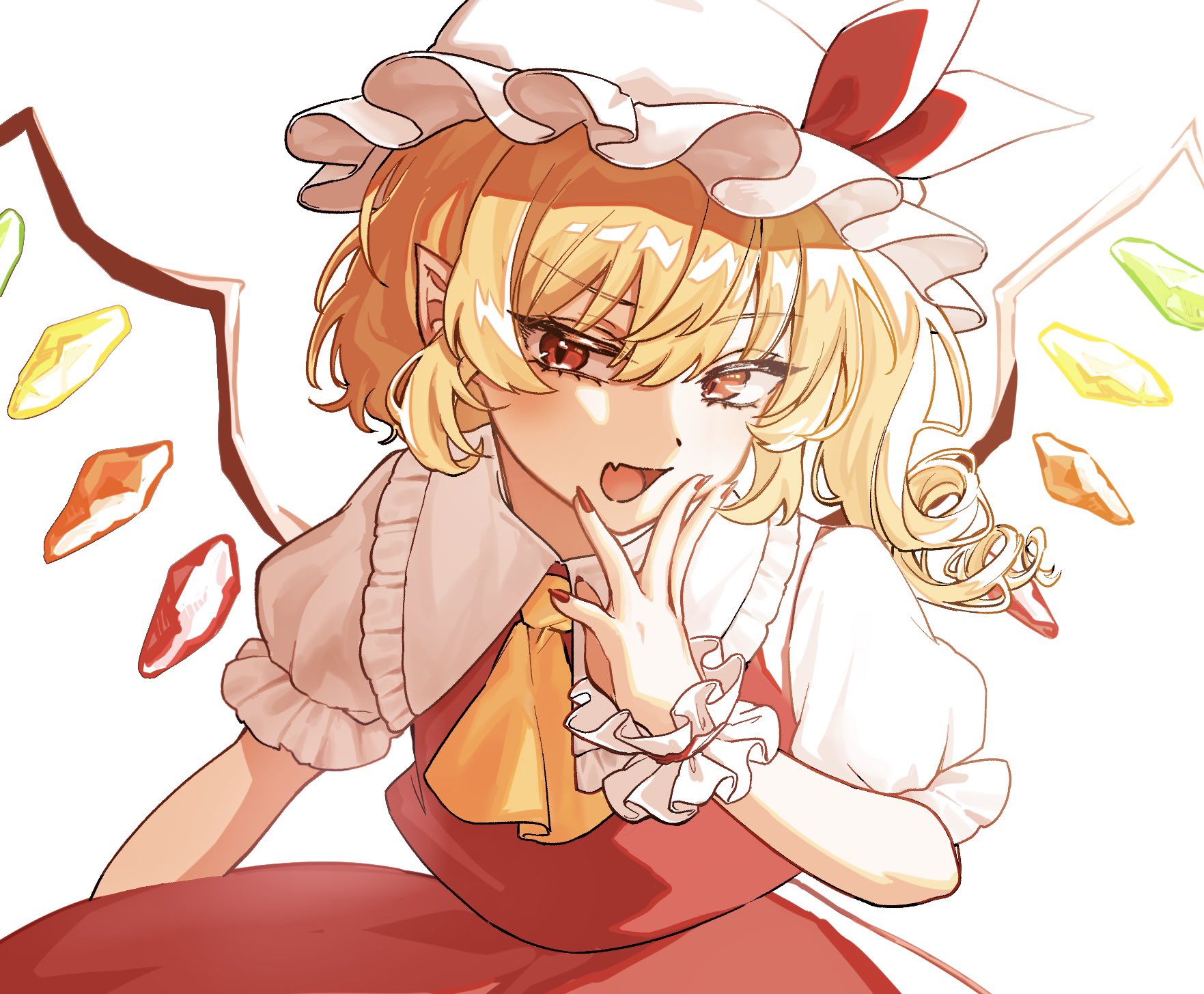 flandre scarlet, touhou, commentary, highres, 1girl, blonde hair, fang, hand on own face, hat, long hair, looking to the side, mob cap, nail polish, open mouth, red eyes, short sleeves, side ponytail, skin fang, skirt, skirt set, slit pupils, smile, solo, wings, wrist cuffs, yoryuyaho