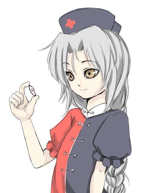 ginji (sakaki summer), yagokoro eirin, touhou, 1girl, braid, female focus, hat, short sleeves, solo, white hair