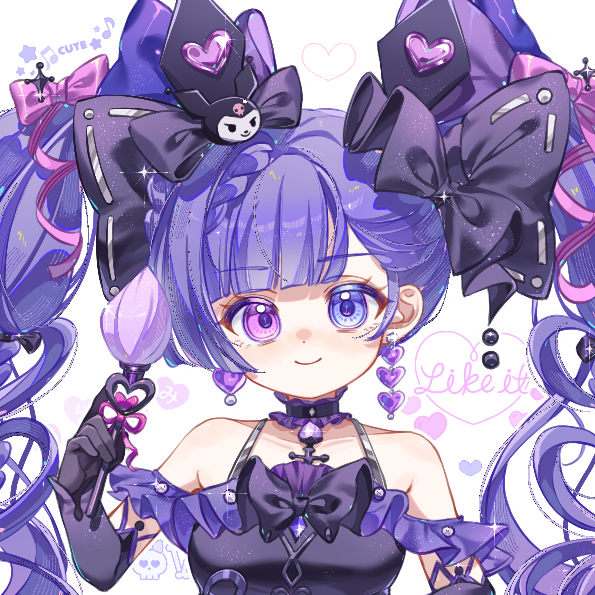 wangyou paigutang, kuromi, onegai my melody, original, sanrio, highres, 1girl, bare shoulders, black dress, black gloves, blue eyes, blunt bangs, blush, bow, closed mouth, collarbone, dress, earrings, elbow gloves, gloves, hair bow, hand up, heart, heart earrings, heterochromia, holding, holding wand, jewelry, long hair, looking at viewer, off-shoulder dress, off shoulder, pink bow, purple eyes, purple hair, simple background, smile, solo, twintails, upper body, wand, white background