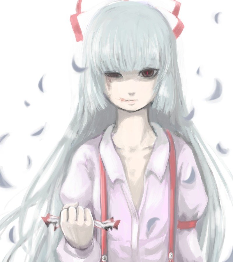 ginji (sakaki summer), fujiwara no mokou, touhou, silver hair, 1girl, brown eyes, female focus, hair ribbon, injury, long hair, ofuda, pain, petals, ribbon, shirt, solo, suspenders