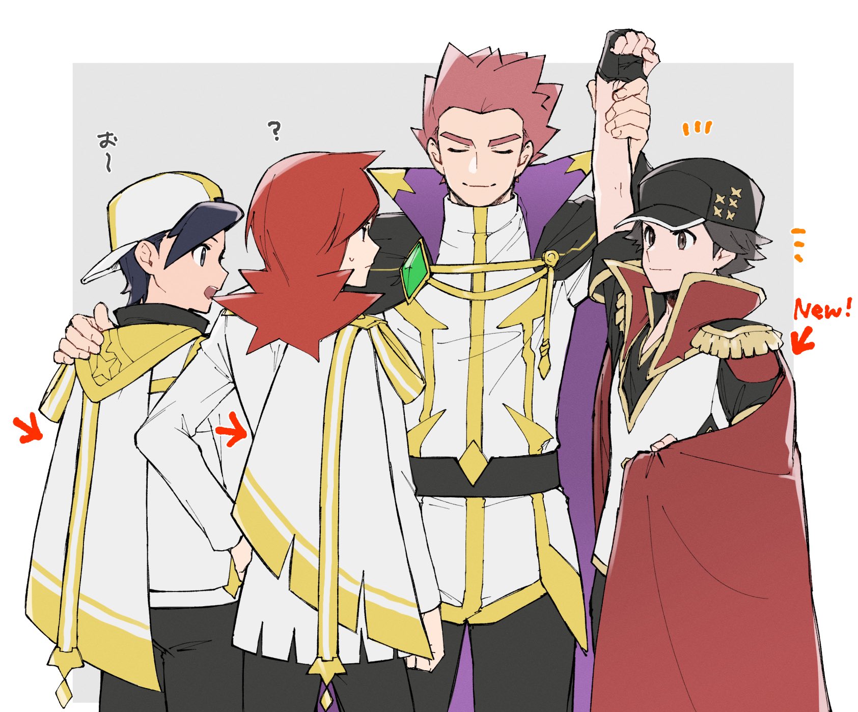 mocollie, ethan (arc suit) (pokemon), ethan (pokemon), lance (arc suit) (pokemon), lance (pokemon), red (anniversary 2025) (pokemon), red (pokemon), silver (champion) (pokemon), silver (pokemon), nintendo, pokemon, pokemon masters ex, highres, 4boys, arm up, backwards hat, black cape, black gloves, black hair, black hat, black pants, black shirt, brown eyes, brown hair, cape, closed eyes, closed mouth, collared shirt, epaulettes, fingerless gloves, gem, gloves, green gemstone, grey eyes, hat, jacket, long sleeves, male focus, multiple boys, official alternate costume, open clothes, open mouth, pants, popped collar, purple cape, red cape, red hair, shirt, short hair, simple background, smile, spiked hair, vest, white jacket, white vest