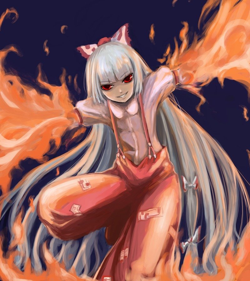 ginji (sakaki summer), fujiwara no mokou, touhou, silver hair, 1girl, bow, female focus, fire, hair bow, long hair, multiple hair bows, pants, red eyes, solo, suspenders, very long hair