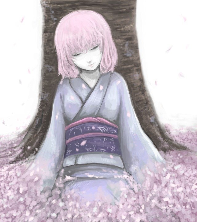 ginji (sakaki summer), saigyouji yuyuko, touhou, 1girl, cherry blossoms, closed eyes, female focus, japanese clothes, kimono, petals, pink hair, short hair, solo