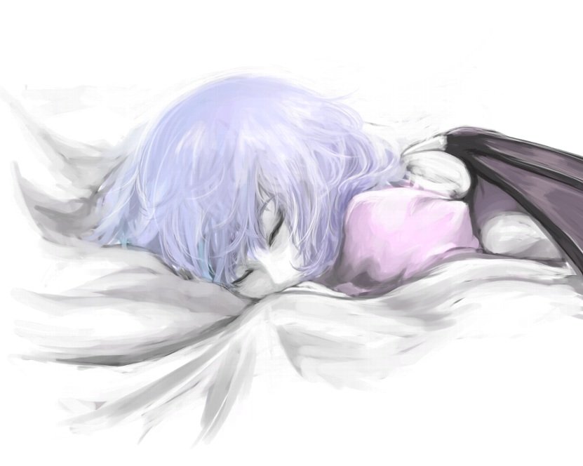 ginji (sakaki summer), remilia scarlet, touhou, 1girl, bat wings, blue hair, closed eyes, colored skin, female focus, solo, white skin, wings