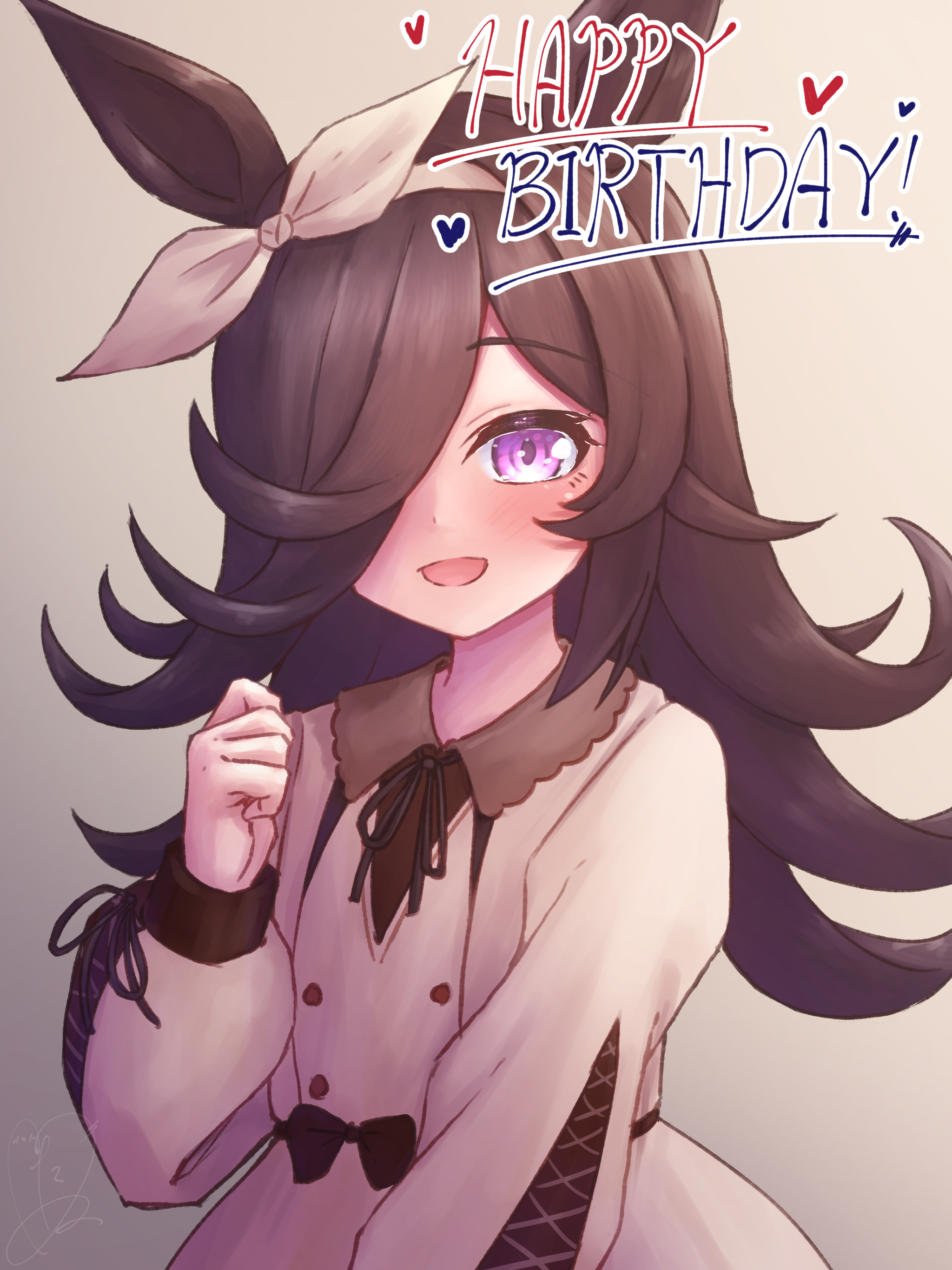 tanu (ace ikachan), rice shower (umamusume), umamusume, absurdres, commentary request, highres, 1girl, :d, animal ears, black bow, black hair, black ribbon, blush, bow, brown dress, collared dress, dress, grey background, hair over one eye, hair ribbon, hand up, happy birthday, heart, horse ears, horse girl, long bangs, long hair, long sleeves, looking at viewer, one eye covered, open mouth, purple eyes, ribbon, simple background, smile, solo, upper body