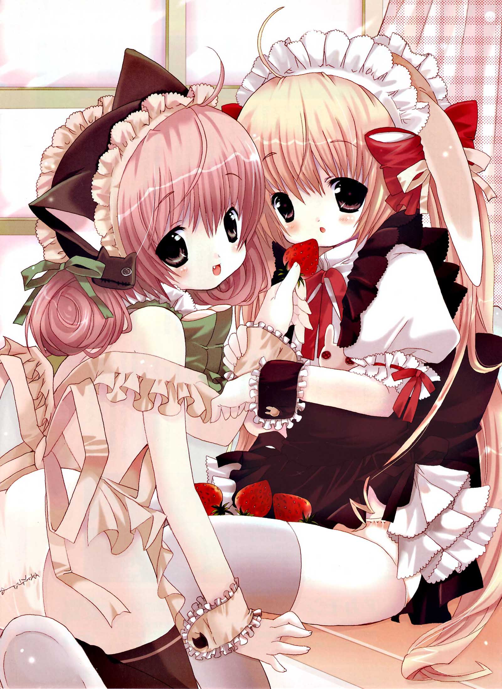 highres, scan, 2girls, animal ears, ass, blush, bow, cat ears, cuffs, fang, female focus, food, frills, fruit, indoors, kneeling, maid, multiple girls, panties, rabbit ears, sitting, strawberry, underwear, yuri
