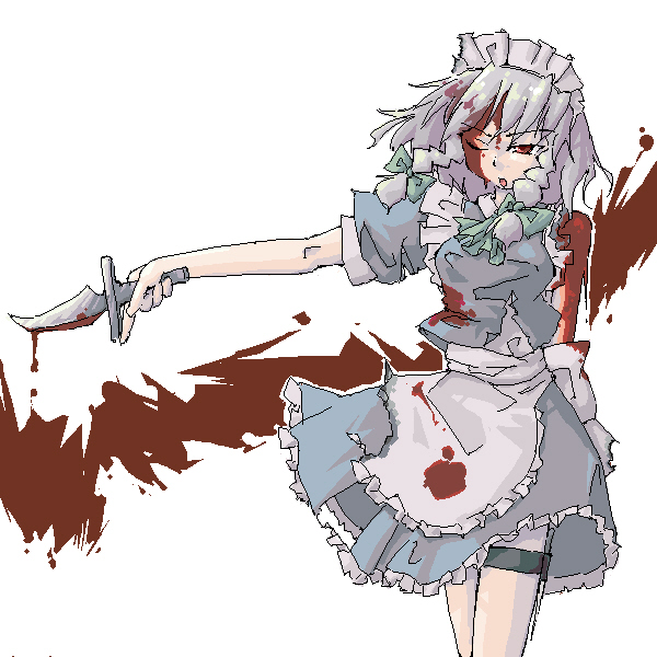 arnest, izayoi sakuya, touhou, 1girl, arm behind back, blood, braid, female focus, knife, maid, short hair, solo, throwing knife, twin braids, weapon, white hair