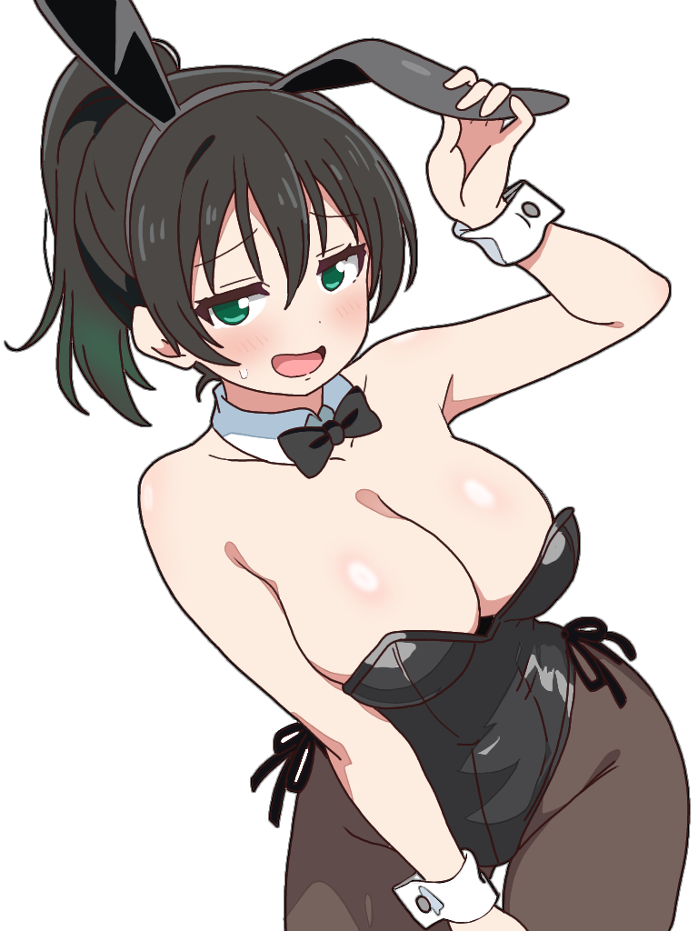 mukiryoku bato, takasaki yu, love live!, love live! nijigasaki high school idol club, 1girl, animal ear hairband, animal ears, black bow, black bowtie, black hair, black leotard, black pantyhose, bow, bowtie, breasts, cleavage, detached collar, fake animal ears, gradient hair, green eyes, green hair, hairband, large breasts, leaning forward, leotard, multicolored hair, open mouth, pantyhose, playboy bunny, ponytail, rabbit ears, side-tie leotard, simple background, solo, strapless, strapless leotard, white background, wrist cuffs
