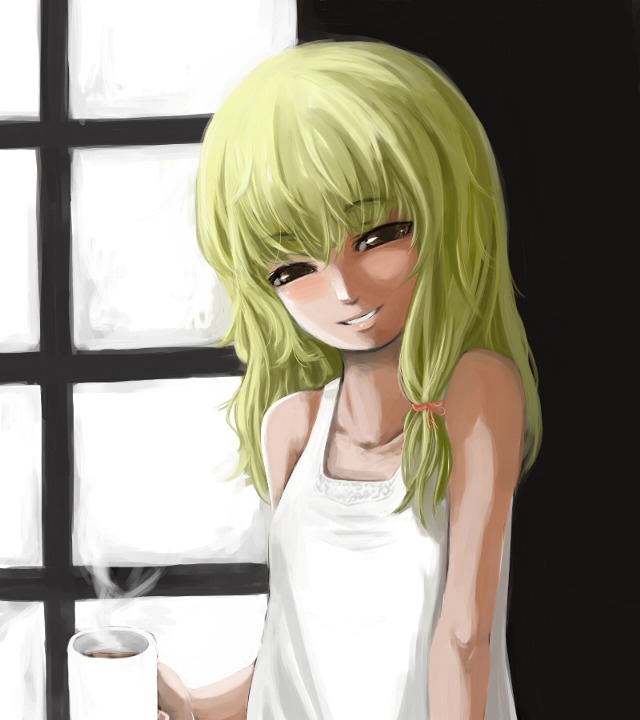 ginji (sakaki summer), kirisame marisa, touhou, 1girl, :d, blonde hair, coffee, coffee mug, collarbone, cup, dress, female focus, gem, grin, holding, jewelry, looking at viewer, mug, necklace, open mouth, parted lips, smile, solo, steam, sundress, teeth, white dress, window