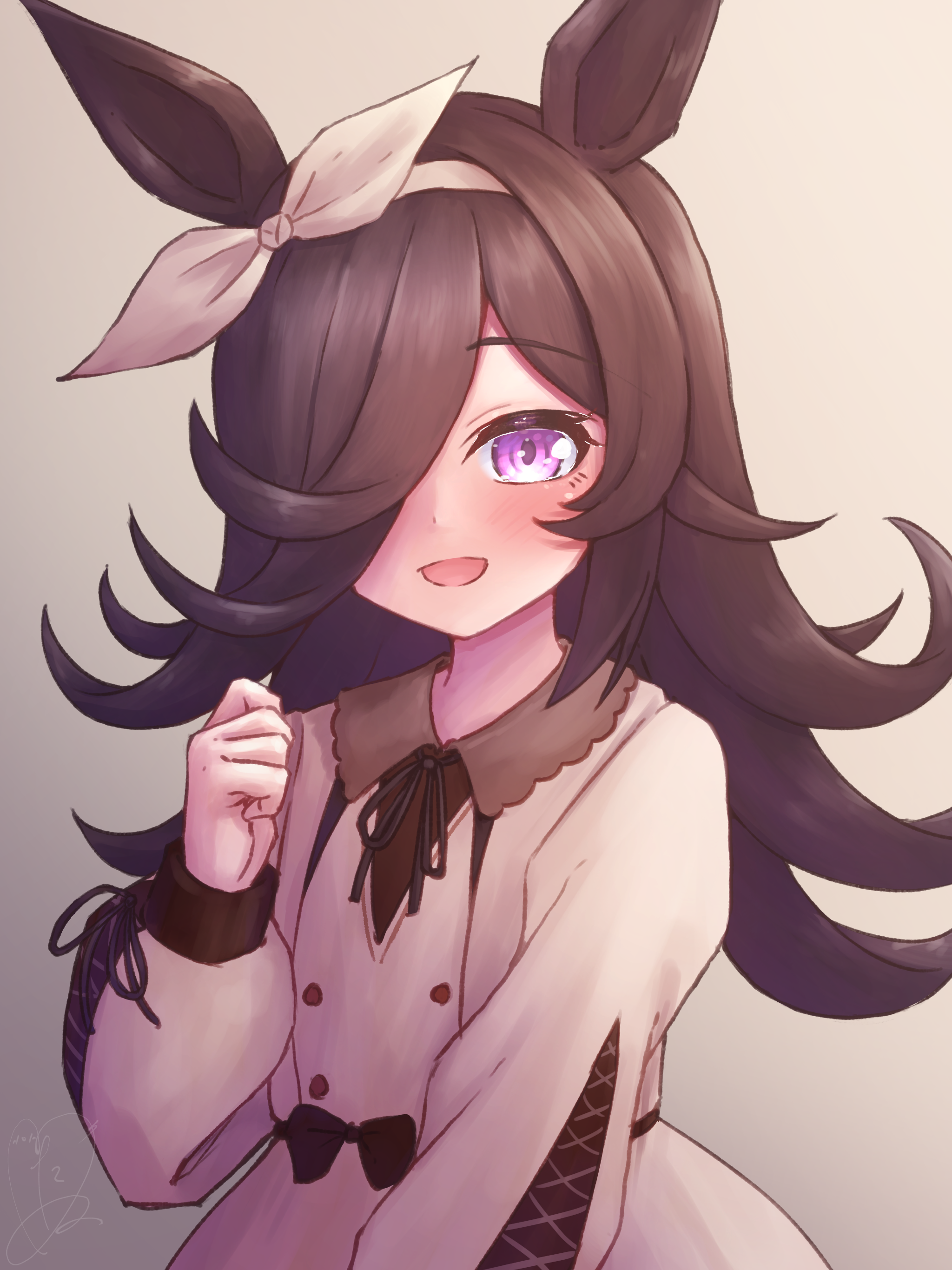 tanu (ace ikachan), rice shower (umamusume), umamusume, absurdres, commentary request, highres, textless version, 1girl, :d, animal ears, black bow, black hair, black ribbon, blush, bow, brown dress, collared dress, dress, grey background, hair over one eye, hair ribbon, hand up, horse ears, horse girl, long bangs, long hair, long sleeves, looking at viewer, one eye covered, open mouth, purple eyes, ribbon, simple background, smile, solo, upper body