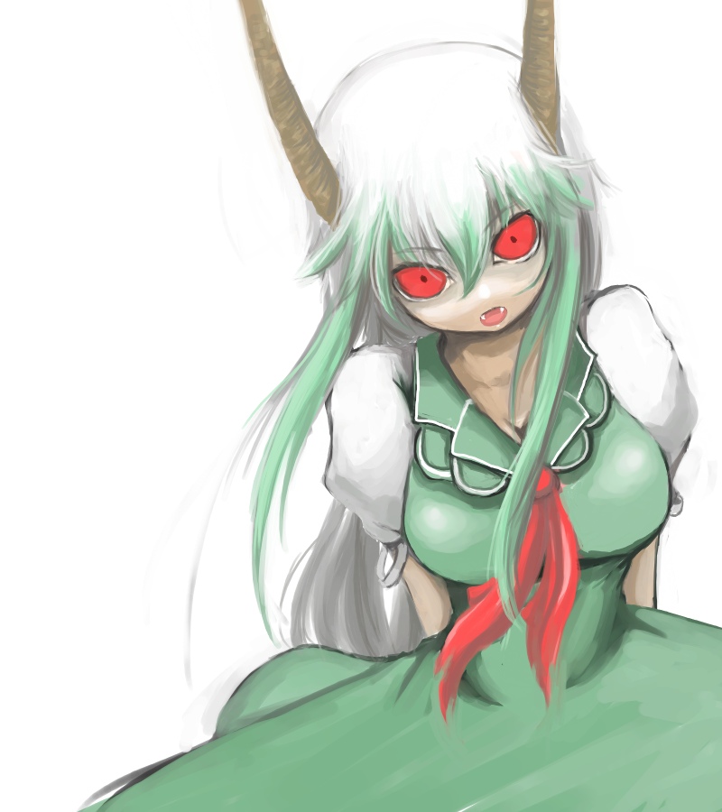 ginji (sakaki summer), ex-keine, kamishirasawa keine, touhou, 1girl, breasts, female focus, glowing, glowing eyes, horns, large breasts, red eyes, solo