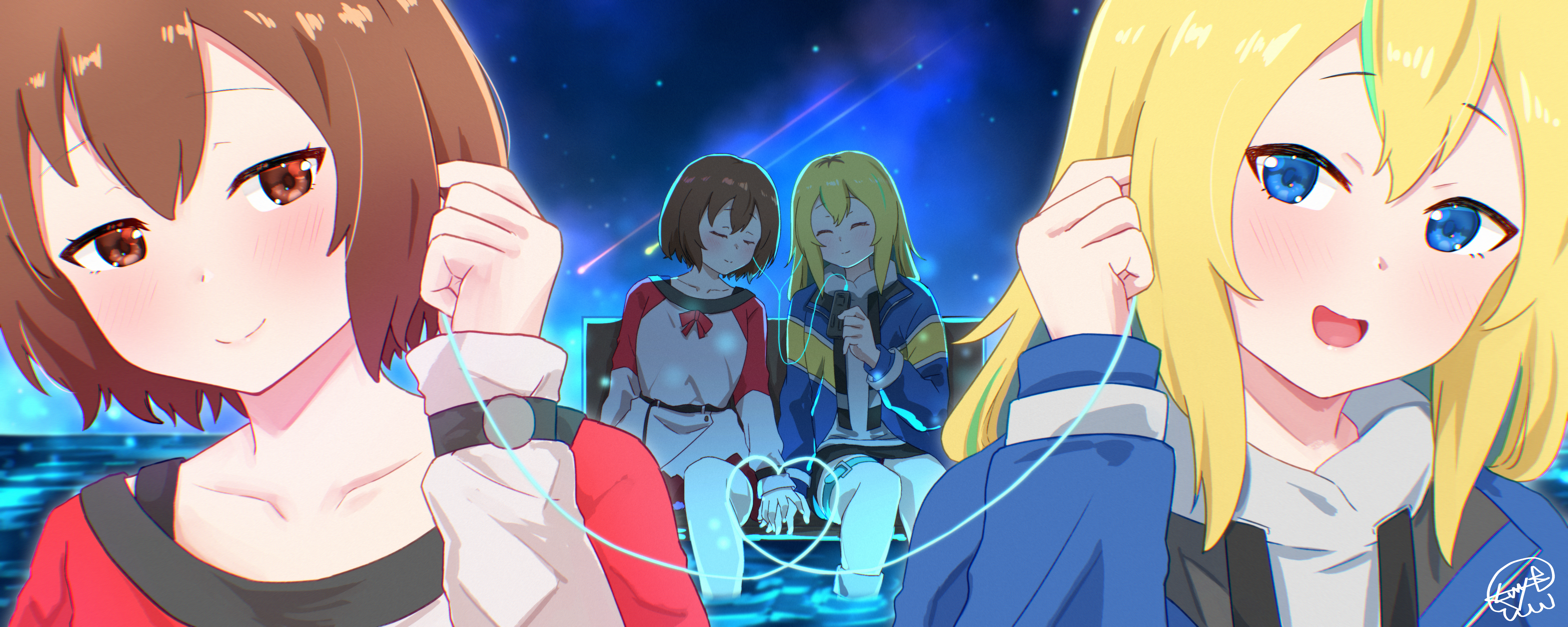 mutsuki (mutsuki0110), kouzuki mahiru, yamanouchi kano, yoru no kurage wa oyogenai, absurdres, commentary, highres, 2girls, black skirt, blonde hair, blue eyes, blue jacket, brown hair, closed eyes, couple, earphones, holding hands, jacket, long hair, multicolored hair, multiple girls, open mouth, roots (hair), shared earphones, shooting star, short hair, sitting, skirt, thigh strap, yuri