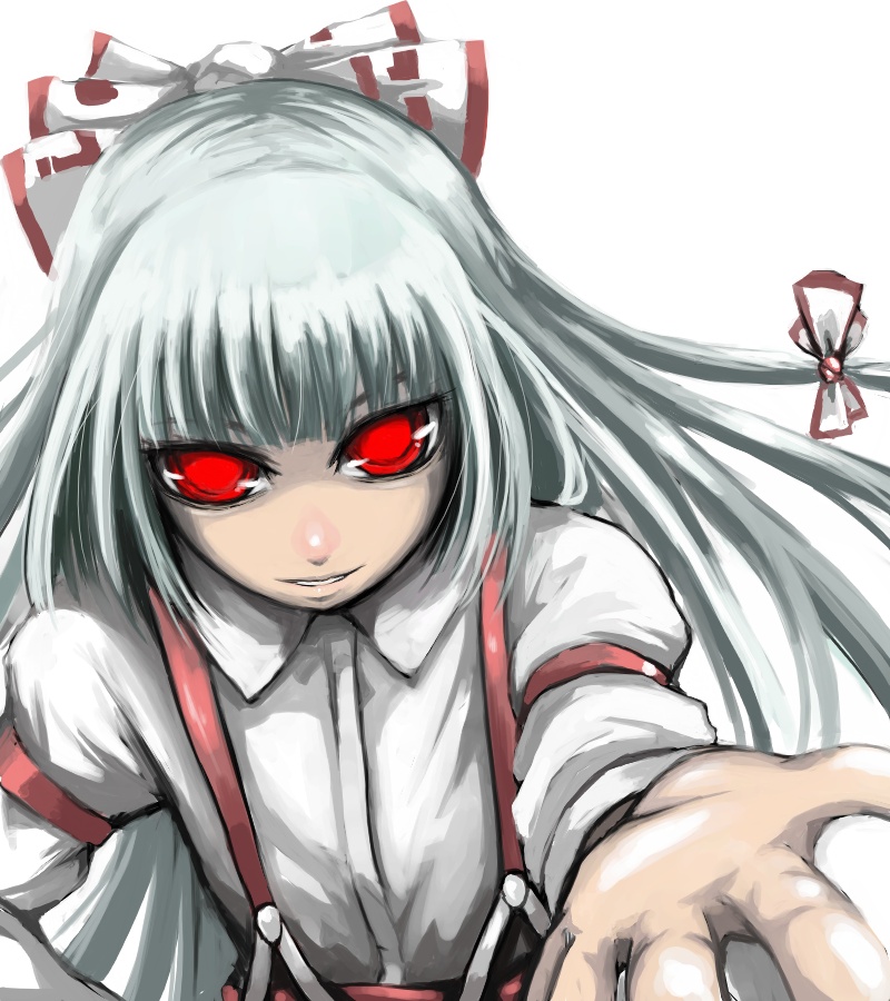 ginji (sakaki summer), fujiwara no mokou, touhou, 1girl, female focus, outstretched arm, outstretched hand, reaching, red eyes, simple background, solo, suspenders, upper body, white background