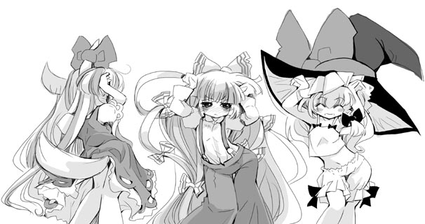 usoneko, ex-keine, fujiwara no mokou, kamishirasawa keine, kirisame marisa, touhou, 3girls, bloomers, caramelldansen, dress, female focus, greyscale, hat, monochrome, multiple girls, simple background, tail, underwear, white background, witch, witch hat