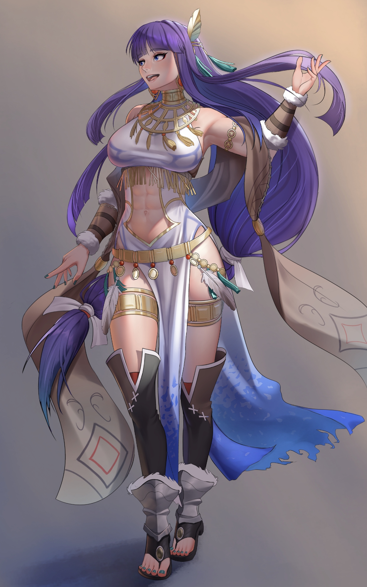 demdeet, altina (fire emblem), altina (unrivaled dawn) (fire emblem), fire emblem, fire emblem: radiant dawn, fire emblem heroes, nintendo, commentary, commission, highres, 1girl, abs, blue eyes, boots, breasts, clothing cutout, full body, jewelry, large breasts, long hair, nail polish, navel, official alternate costume, open-toe boots, pelvic curtain, purple hair, solo, stomach, stomach cutout, thighlet, very long hair